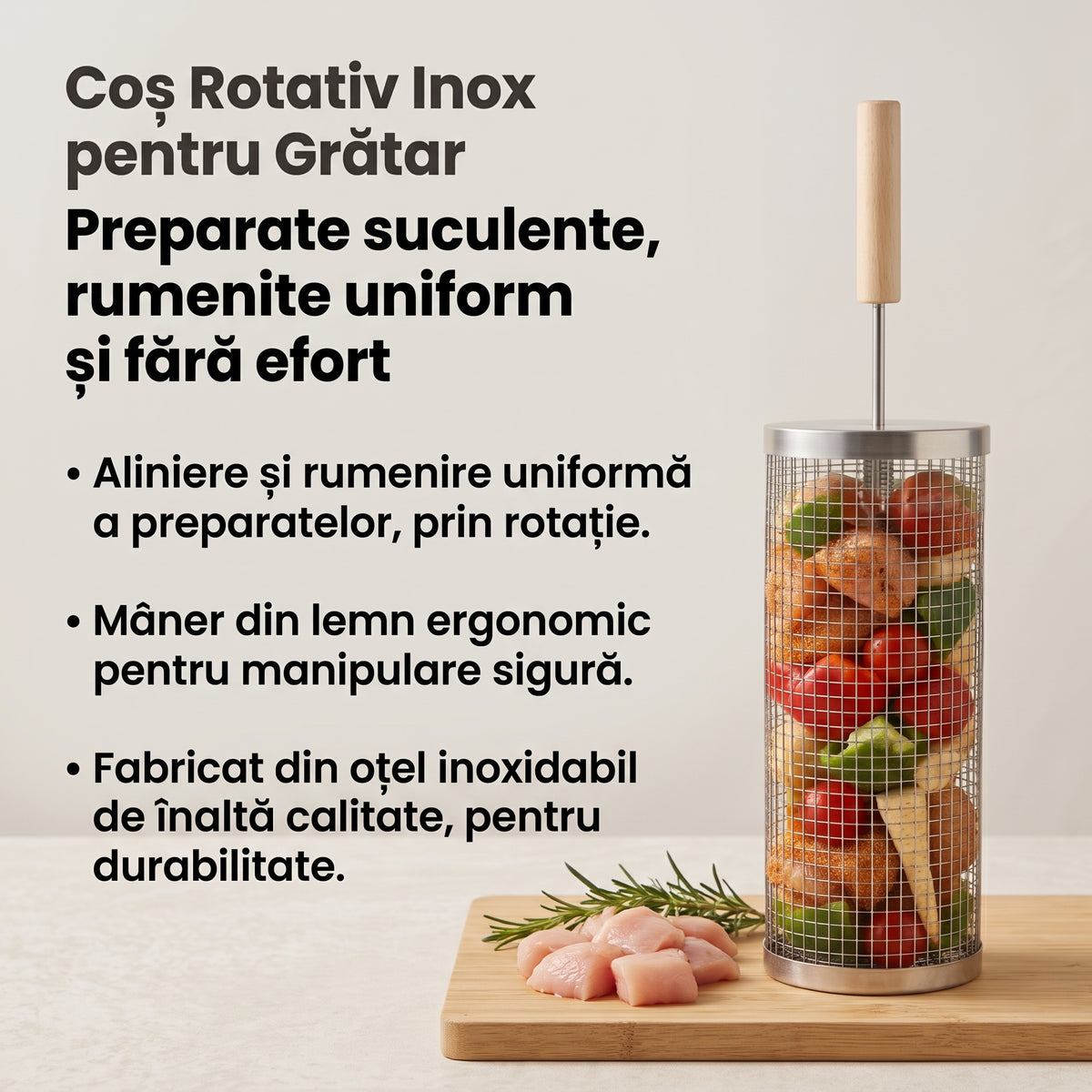 Coș Rotativ Inox pentru Grătar – Preparate suculente, rumenite uniform și fără efort ♨️