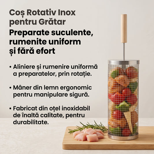 Coș Rotativ Inox pentru Grătar – Preparate suculente, rumenite uniform și fără efort ♨️